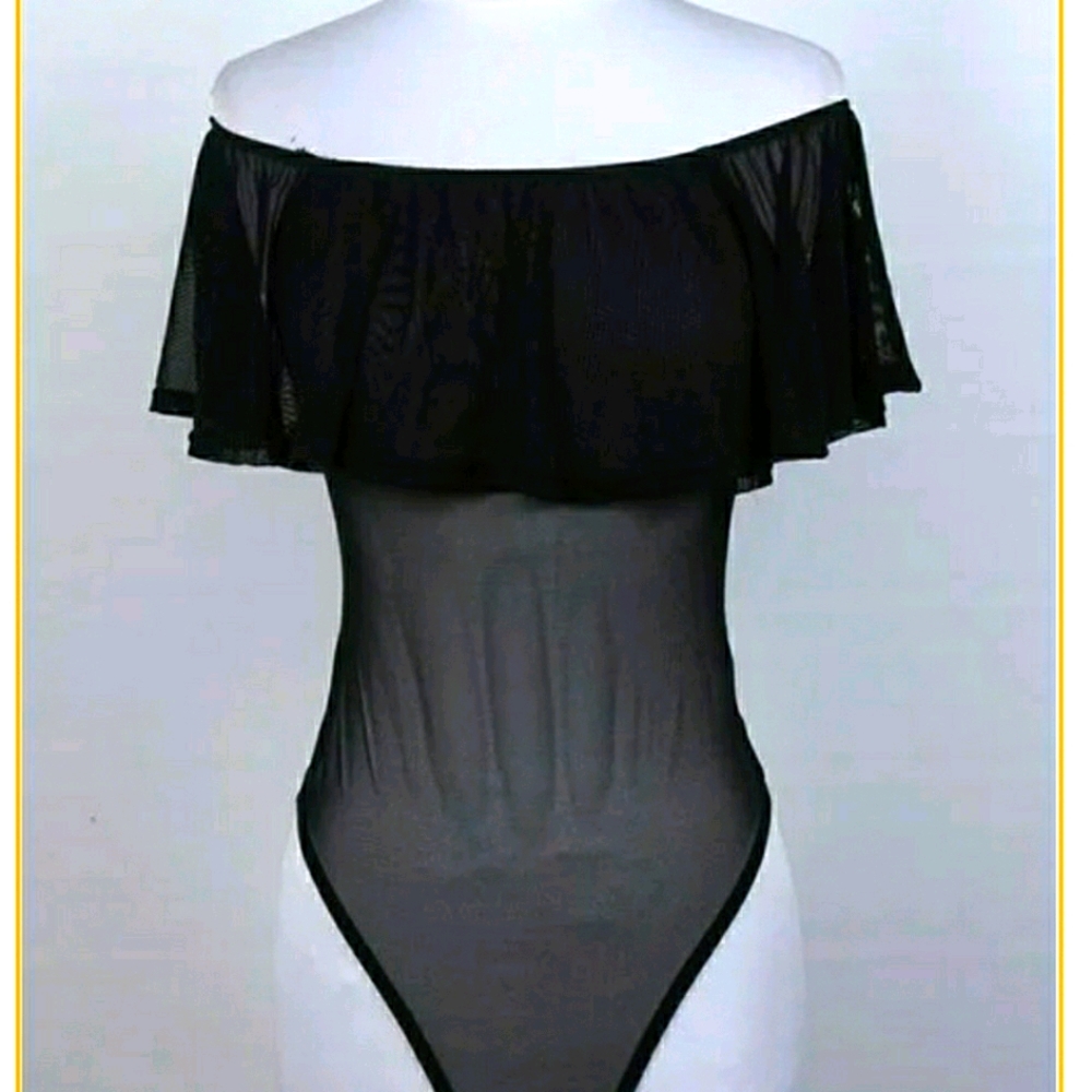 Off Shoulder Sheer Knit Mesh Bodysuit with Ruffle